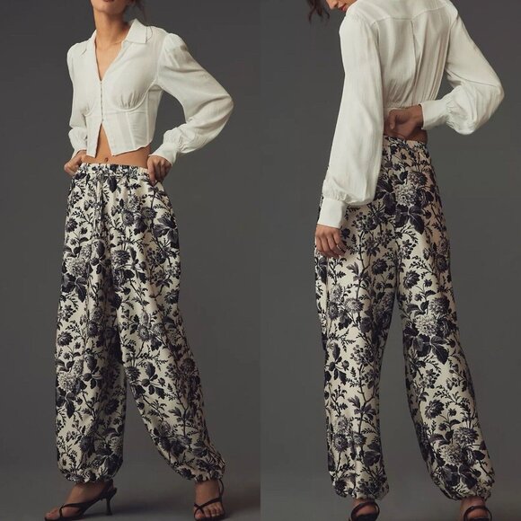 Maeve by Anthropologie Floral Silky Parachute Pants Black & White Size XS Wide - Picture 1 of 12